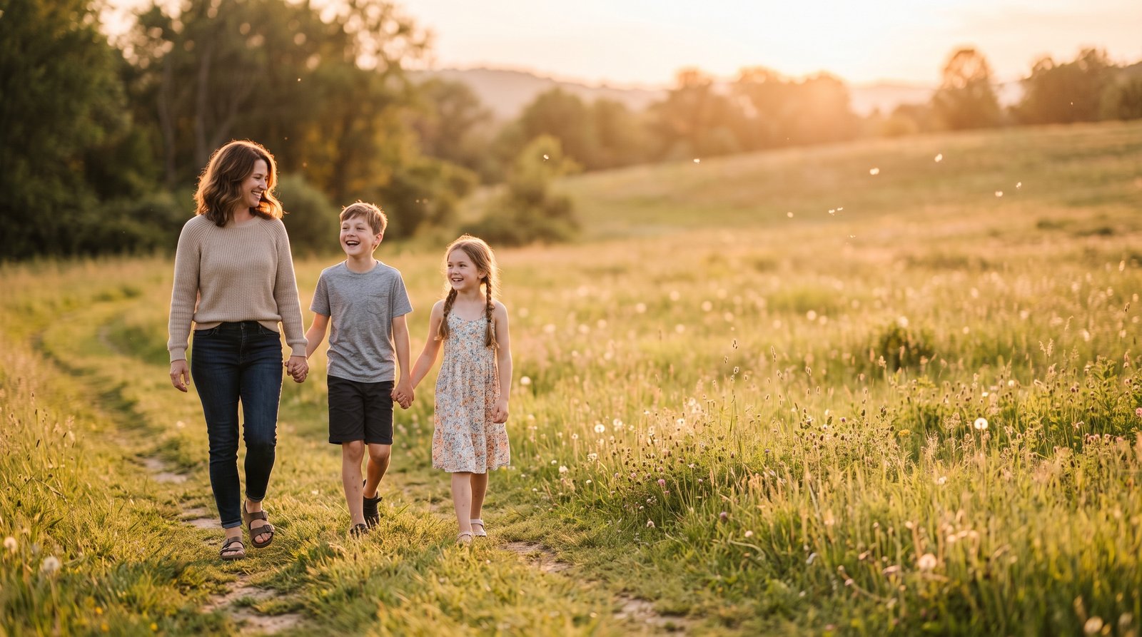 Eine Mutter geht bei Sonnenuntergang mit ihren beiden Kindern Hand in Hand über eine Wiese