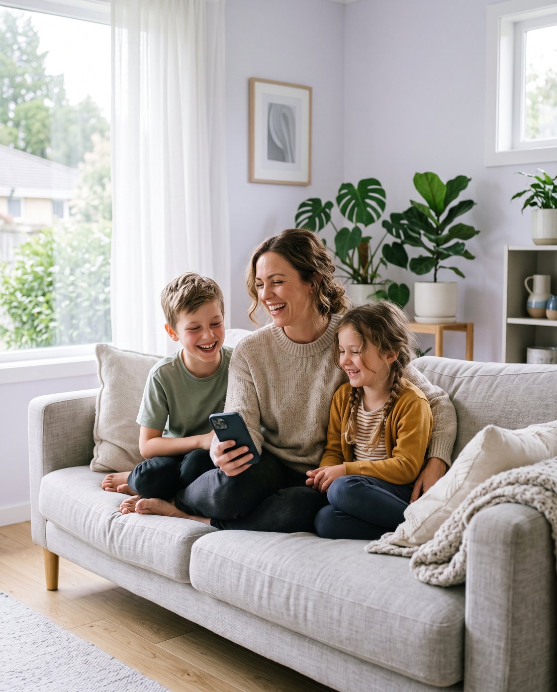 Eine entspannte Mutter lacht mit ihren beiden Kindern auf dem Sofa, das Smartphone locker in der Hand