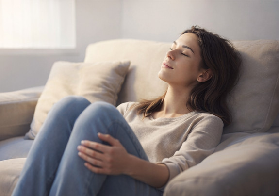 Mutter entspannt auf dem Sofa – kein Stress durch verpasste Termine