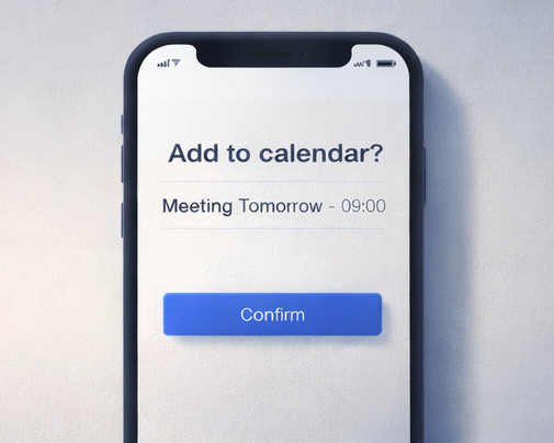 Smartphone zeigt: In Kalender eintragen? Meeting morgen 09:00 Uhr mit blauem Bestätigen-Button